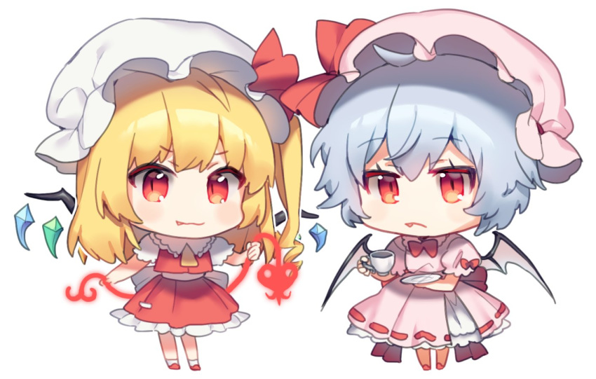 2girls ascot bangs banned_artist bat_wings blonde_hair blue_hair blush bow bowtie chibi commentary_request crystal cup dish dress eyebrows_visible_through_hair fang fang_out flandre_scarlet full_body hajin hat hat_bow hat_ribbon holding holding_cup laevatein long_hair looking_at_viewer miniskirt mob_cap multiple_girls one_side_up petticoat pink_dress pink_headwear puffy_short_sleeves puffy_sleeves red_bow red_eyes red_footwear red_neckwear red_ribbon red_skirt red_vest remilia_scarlet ribbon shirt shoes short_hair short_sleeves siblings simple_background sisters skirt smile socks standing teacup touhou vest white_background white_headwear white_legwear white_shirt wings yellow_neckwear