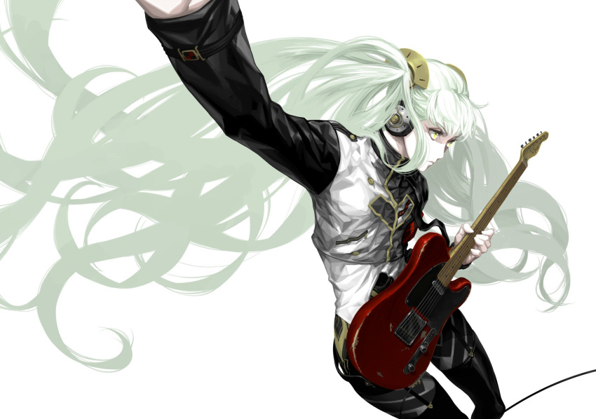 1girl agitation_(module) bangs black_legwear cable closed_mouth cowboy_shot cropped_jacket electric_guitar eyelashes flat_chest floating_hair green_hair guitar hair_ornament hatsune_miku headphones heart highres holding holding_instrument instrument jacket long_hair long_sleeves looking_away music nagimiso outstretched_arm pantyhose playing_instrument project_diva_(series) simple_background solo thigh_strap thighhighs thighhighs_over_pantyhose twintails unhappy_refrain_(vocaloid) very_long_hair vocaloid white_background yellow_eyes zipper