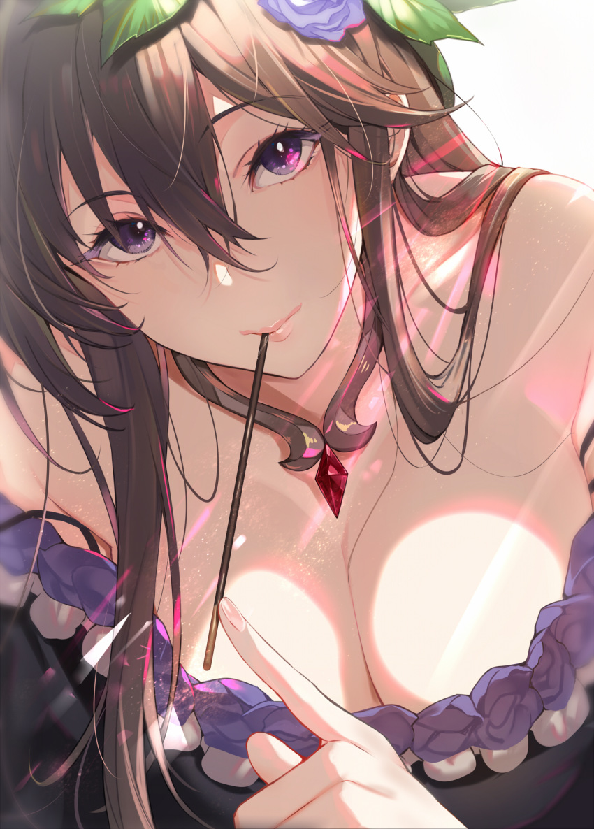 1girl bangs bare_shoulders black_dress blush breasts brown_hair cleavage closed_mouth collarbone dress flower food granblue_fantasy hair_between_eyes hair_flower hair_ornament highres index_finger_raised jewelry kakage large_breasts leaning_forward long_hair looking_at_viewer mouth_hold neck_ring off-shoulder_dress off_shoulder pendant pocky purple_eyes purple_flower purple_rose rose rosetta_(granblue_fantasy) smile solo sunlight