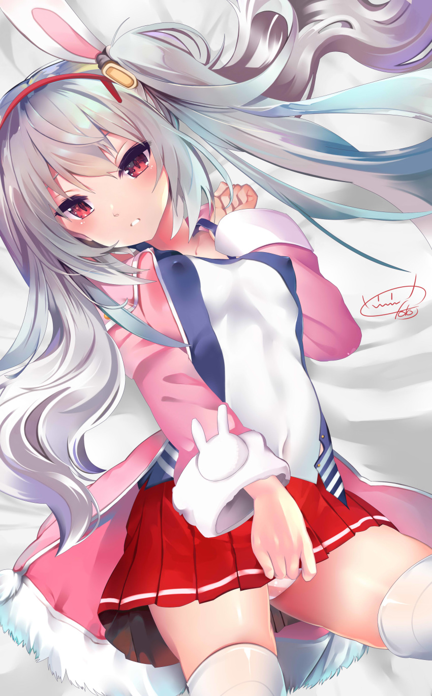 1girl absurdres animal_ears arm_up artist_logo azur_lane bed bed_sheet blush breasts bunny_ears bunny_girl cekonikova clenched_hands clenched_teeth covered_navel covered_nipples eyebrows_visible_through_hair fake_animal_ears frilled_skirt frills fur_trim graphite_(medium) hair_between_eyes hairband headband highres implied_masturbation laffey_(azur_lane) long_hair long_sleeves looking_at_viewer lying mechanical_pencil medium_breasts navel nipples on_back on_bed open_mouth panties pencil red_eyes red_skirt shirt skirt solo striped striped_panties teeth thighhighs traditional_media twintails underwear white_hair white_legwear white_shirt