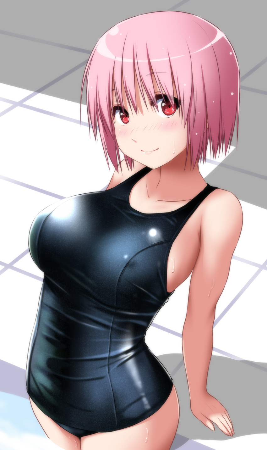 1girl bangs bare_arms bare_shoulders black_swimsuit blush breasts collarbone commentary_request cowboy_shot eyebrows_visible_through_hair hair_between_eyes highres large_breasts looking_at_viewer no_hat no_headwear nori_tamago nose_blush one-piece_swimsuit pink_hair red_eyes saigyouji_yuyuko short_hair smile solo standing swimsuit touhou wading water