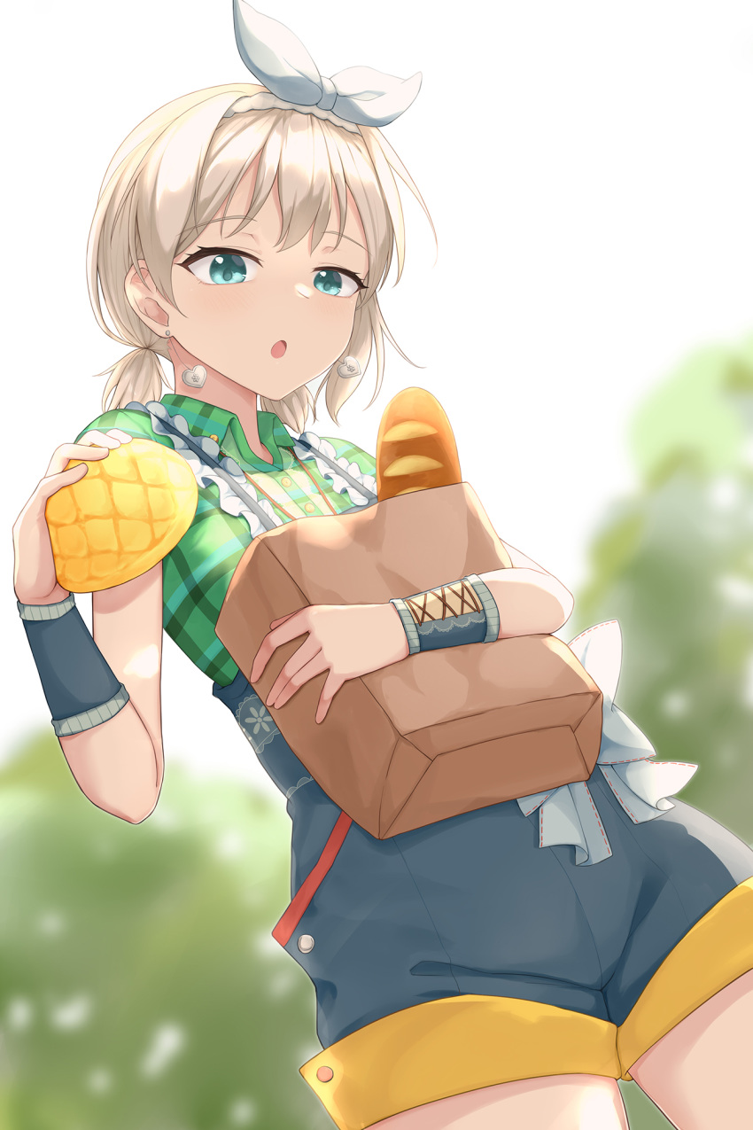 1girl :o alternate_hairstyle aoba_moca bag bang_dream! bangs blue_eyes blue_overalls blurry blurry_background bow bread buttons coldcat. collared_shirt commentary cowboy_shot dutch_angle earrings eyebrows_visible_through_hair food frills green_shirt grey_hair hairband heart heart_earrings highres holding holding_bag holding_food jewelry looking_at_viewer low_twintails melon_bread open_mouth overall_shorts plaid plaid_shirt shirt shopping_bag short_hair short_sleeves sidelocks solo standing twintails white_bow white_hairband wristband