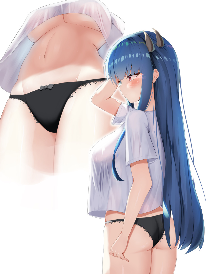 1girl absurdres arm_at_side arm_up ass azur_lane bangs black_panties blue_eyes blue_hair blunt_bangs blush breasts commentary_request cropped_legs eyebrows_visible_through_hair firin from_below hand_in_hair heterochromia highres horns ibuki_(azur_lane) large_breasts long_hair multiple_views navel no_bra panties red_eyes shirt short_sleeves sidelocks simple_background skindentation stomach straight_hair thighs underboob underwear upshirt very_long_hair white_background white_shirt