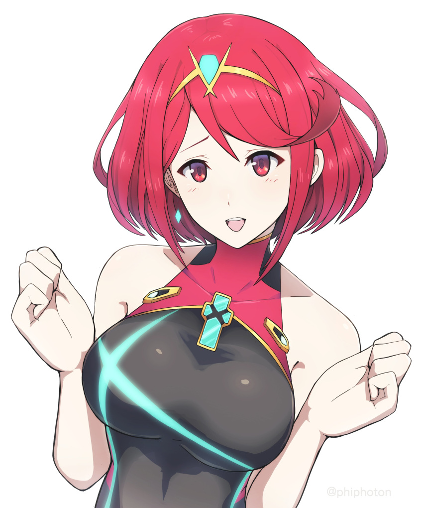 1girl absurdres bare_arms bare_shoulders black_swimsuit blush breasts collarbone highres homura_(xenoblade_2) large_breasts looking_at_viewer one-piece_swimsuit open_mouth phiphi-au-thon red_eyes red_hair red_swimsuit solo swimsuit tiara upper_body white_background xenoblade_(series) xenoblade_2