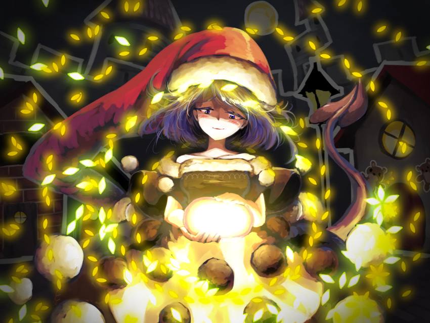 1girl :3 animal bare_arms bare_shoulders bear black_shirt blue_eyes blue_hair blush breasts castle collarbone danmaku detached_sleeves doremy_sweet ears eyebrows eyebrows_visible_through_hair floating floating_clothes floating_hair floating_object full_moon fur_trim glowing hat headwear highres holding house layered_skirt legacy_of_lunatic_kingdom looking_at_object looking_down medium_breasts moon night off-shoulder_shirt off_shoulder open_mouth outdoors pom_pom_(clothes) red_headwear shaded_face shadow shirt short_hair short_sleeves skirt smile solo spell_card sunyup tail touhou upper_body white_skirt wide_sleeves