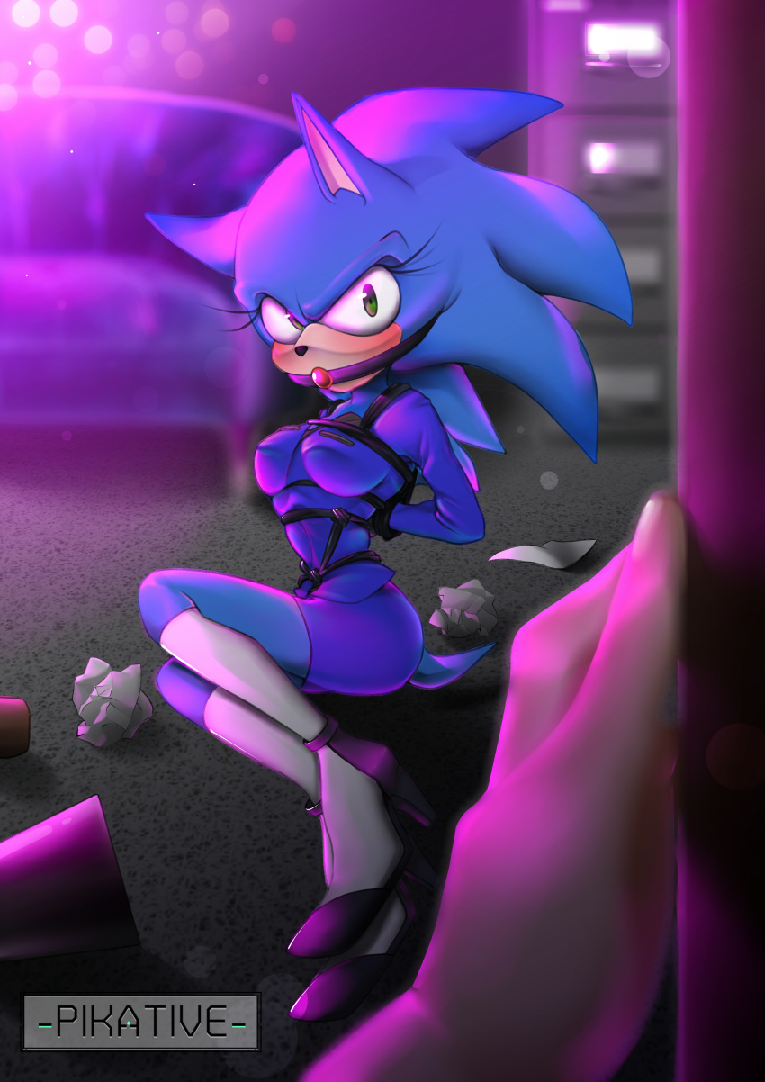 absurd_res ball_gag bdsm bondage bound clothing crossgender female footwear gag hi_res high_heels office_lady pikative shoes solo sonic_the_hedgehog sonic_the_hedgehog_(series)