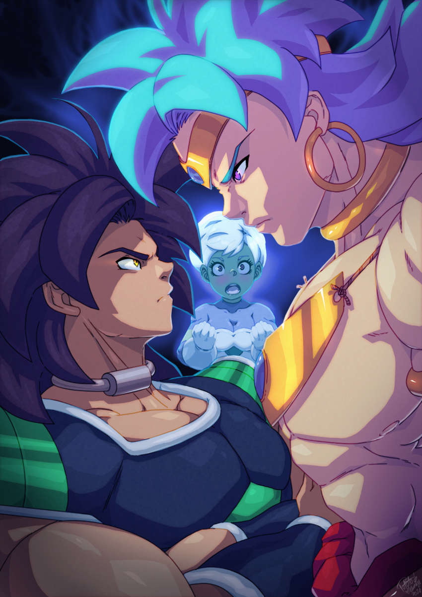 1girl 2boys black_hair blue_hair blush breastplate breasts broly broly_(dragon_ball_super) cheelai circlet cleavage clenched_hands crossed_arms dark_skin dragon_ball dragon_ball_super dragon_ball_super_broly dragon_ball_z dual_persona earrings forehead_jewel green_skin height_difference highres hoop_earrings jewelry looking_at_another male_focus medium_breasts multiple_boys muscle neck_ring parody purple_eyes shirtless simple_background skin_tight spiked_hair street_fighter street_fighter_zero_(series) super_saiyan_blue super_saiyan_full_power tovio_rogers yellow_eyes