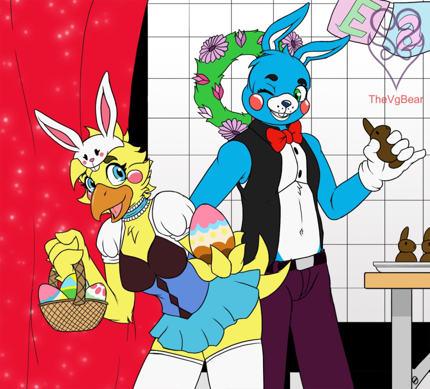 avian basket bird bunny_costume candy chicken chocolate clothing costume duo easter easter_basket easter_egg female five_nights_at_freddy's five_nights_at_freddy's_2 flower food galliform gallus_(genus) holidays lagomorph leporid male male/female mammal phasianid plant rabbit thevgbear toy_bonnie_(fnaf) toy_chica_(fnaf) video_games