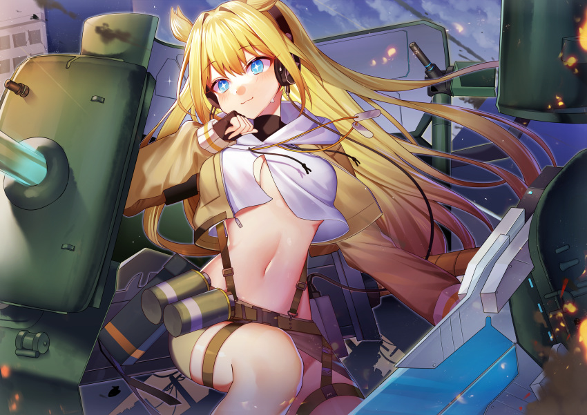 +_+ 1girl absurdres ash_arms blonde_hair blue_eyes breasts brown_jacket cleavage commentary_request crop_top crop_top_overhang cropped_jacket dog_tags fingerless_gloves floating_hair gloves headphones highres hood hood_down huge_filesize ion_(on01e) jacket large_breasts long_hair m26_pershing_(ash_arms) machinery midriff miniskirt navel open_clothes open_jacket pencil_skirt revision shirt skirt smile solo stomach turret very_long_hair white_shirt
