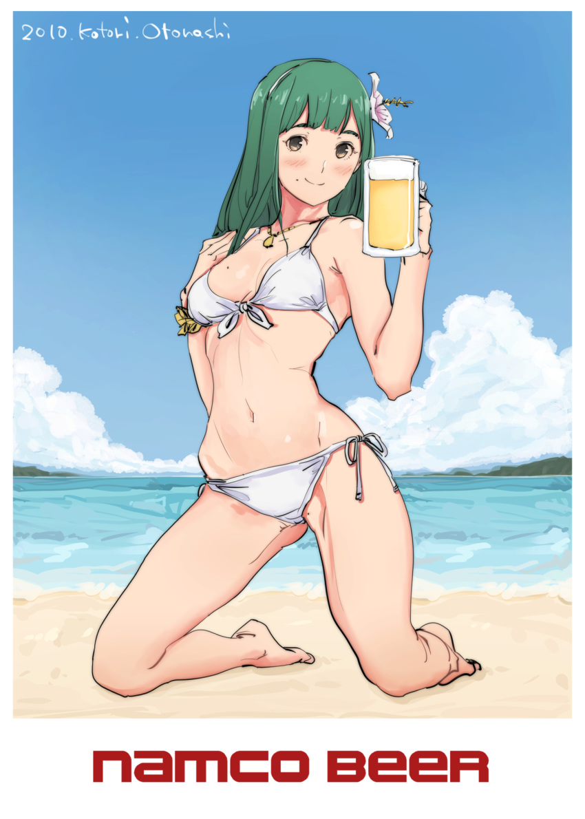 1girl alcohol bangs beach beer beer_mug bikini blunt_bangs blush breasts closed_mouth cloud cloudy_sky cup green_hair highres holding holding_cup idolmaster jewelry kneeling long_hair looking_at_viewer medium_breasts mole mole_on_breast mole_on_crotch mole_under_mouth namco navel necklace ooe_yamaken otonashi_kotori side-tie_bikini sky smile solo swimsuit white_bikini yellow_eyes