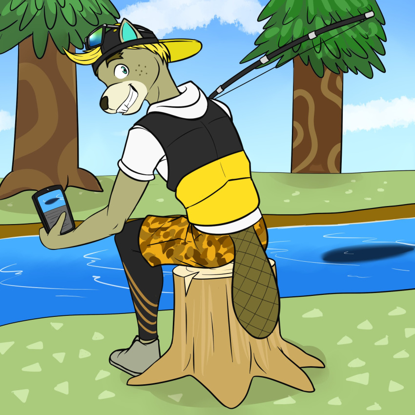 1:1 animal_crossing anthro backwards_baseball_cap baseball_cap beaver c.j._(animal_crossing) cellphone clothed clothing fishing_rod fully_clothed furgonomics fuze hat headgear headwear hi_res holding_cellphone holding_object holding_phone male mammal nintendo outside phone river rodent sitting solo video_games