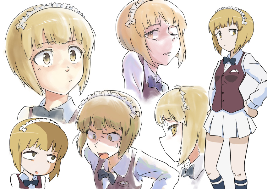 1girl absurdres bangs bartender black_neckwear blonde_hair blunt_bangs bow bowtie brown_vest closed_mouth commentary constricted_pupils cropped_torso cutlass_(girls_und_panzer) dress_shirt ennui_orz expressions eyebrows_visible_through_hair frown girls_und_panzer handkerchief hands_on_hips highres long_sleeves looking_at_viewer maid_headdress miniskirt multiple_views navy_blue_legwear one_eye_closed open_mouth pleated_skirt print_legwear school_uniform shirt short_hair single_horizontal_stripe skirt socks standing sweatdrop v-shaped_eyebrows vest white_background white_shirt white_skirt wing_collar yellow_eyes