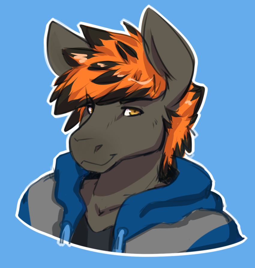 anonymous_artist anthro bust_portrait clothing equid equine headshot hoodie male mammal portrait redflare smile smirk solo topwear