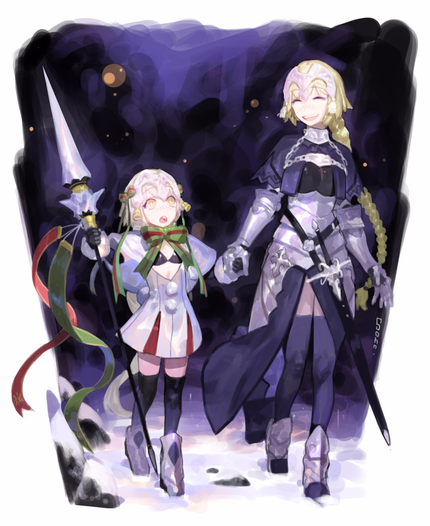 2girls absurdres armor bell black_gloves black_legwear blonde_hair blush braid breasts closed_eyes facing_another fate/apocrypha fate/grand_order fate_(series) gloves headpiece highres holding holding_spear holding_weapon jeanne_d'arc_(alter)_(fate) jeanne_d'arc_(fate)_(all) jeanne_d'arc_alter_santa_lily large_breasts long_hair multiple_girls open_mouth polearm sketch small_breasts smile snow sohn_woohyoung spear thighhighs upper_teeth weapon