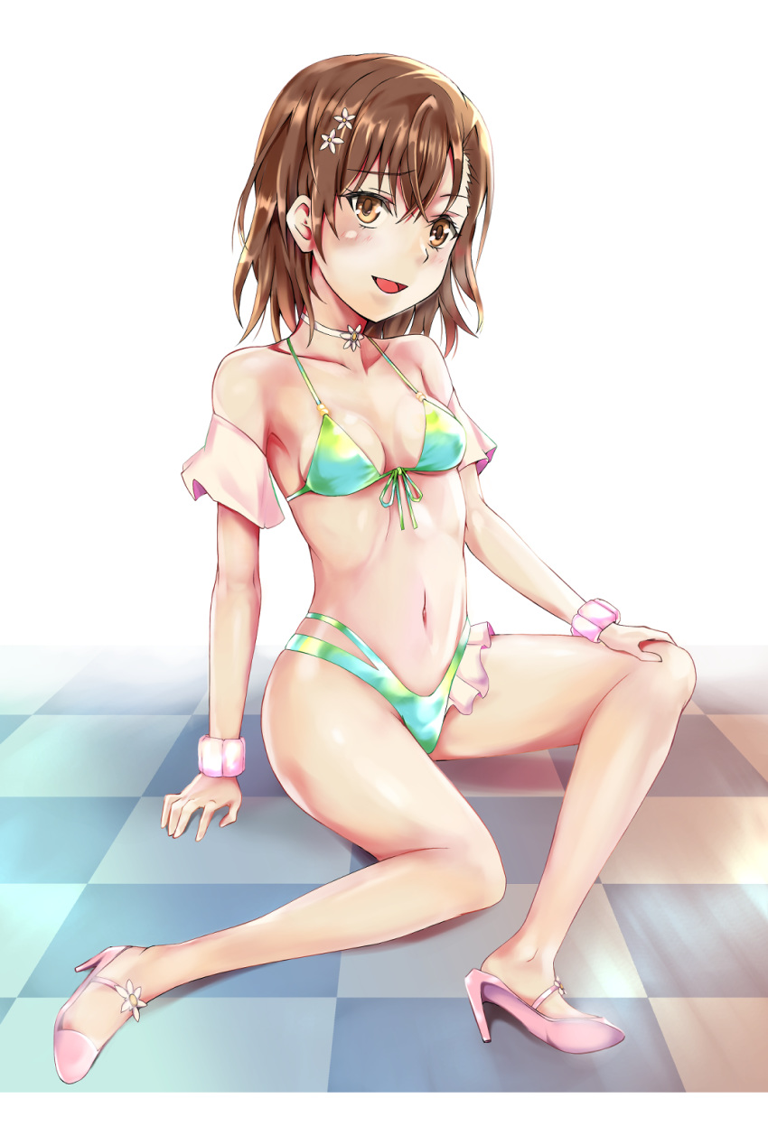 1girl armband bikini bokoboko breasts brown_eyes brown_hair checkered checkered_floor commentary_request flower green_bikini hair_flower hair_ornament highres looking_at_viewer misaka_mikoto pink_footwear short_hair simple_background sitting small_breasts solo swimsuit to_aru_kagaku_no_railgun to_aru_majutsu_no_index white_background yokozuwari