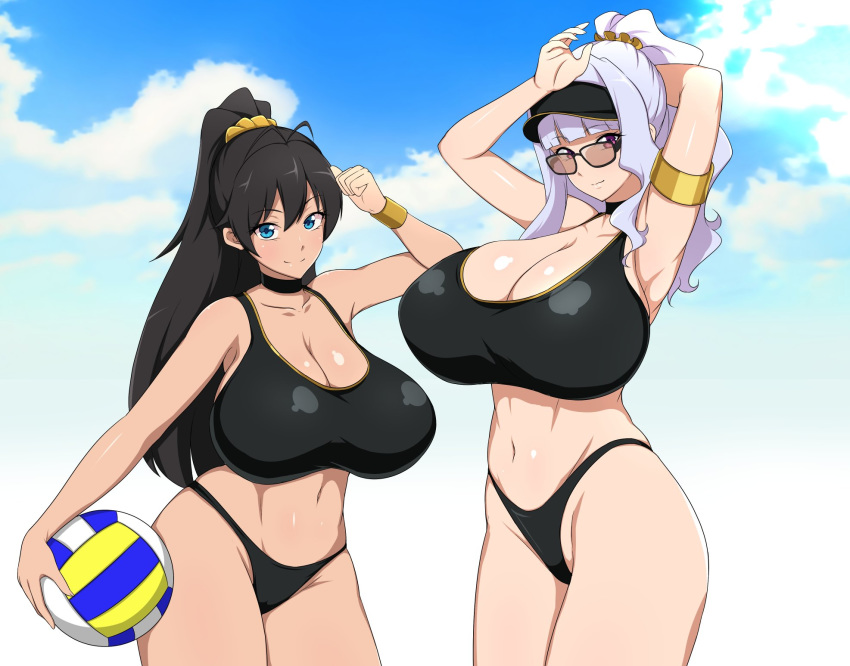 2girls arm_behind_head armband armpits arms_up bangs bare_shoulders bikini black_bikini black_hair blue_eyes blue_sky blush breasts cleavage closed_mouth collarbone ganaha_hibiki glasses high_ponytail highres huge_breasts idolmaster idolmaster_(classic) jabara_tornado long_hair looking_at_viewer multiple_girls navel ponytail purple_eyes shijou_takane shiny shiny_skin silver_hair sky smile swimsuit thighs visor_cap volleyball wristband