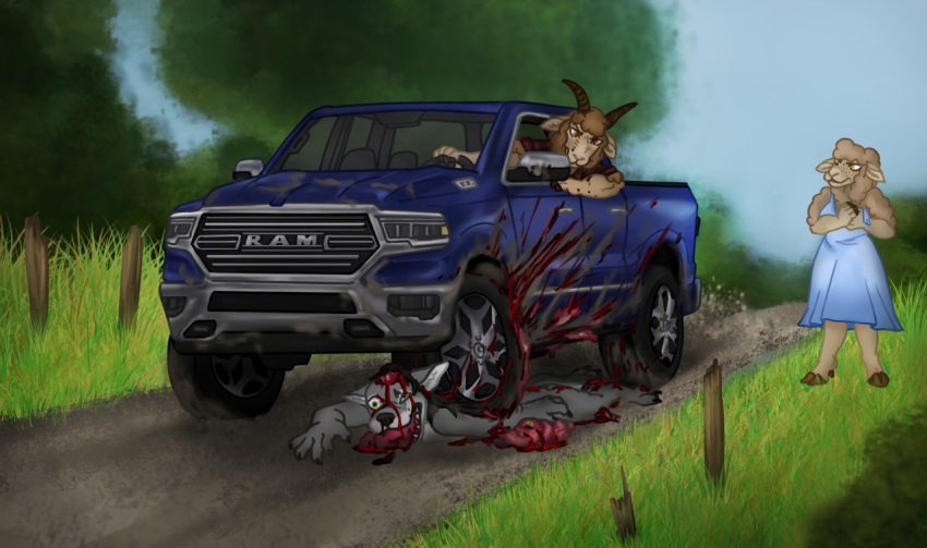 anthro blood blue_clothing blue_dress bodily_fluids bone bovid canid canine canis caprine car clothing deermary dress female gore group guts killing male mammal road roadkill sheep snuff splatter truck_(vehicle) vehicle wolf