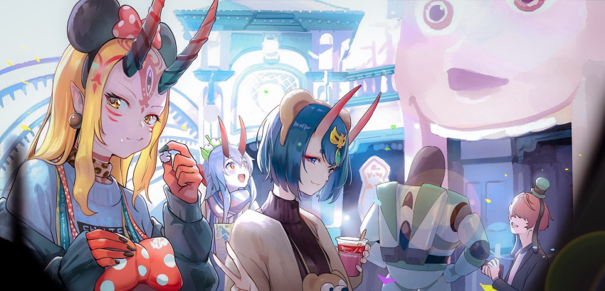 +15 2boys 3girls alien_(toy_story) alternate_costume amusement_park bangs blonde_hair blush bob_cut breasts buzz_lightyear casual coat confetti contemporary cup day disneyland earrings eating emerald_(gemstone) eyeshadow facial_mark fate/grand_order fate_(series) fuuma_kotarou_(fate/grand_order) hair_between_eyes hair_ornament hair_ribbon highres holding holding_cup horns ibaraki_douji_(fate/grand_order) jacket jewelry long_hair looking_at_viewer makeup minnie_mouse_ears multiple_boys multiple_girls oni oni_horns open_clothes open_mouth outdoors pointy_ears ponytail purple_eyes purple_hair red_eyes revision ribbon scarf sheriff_woody short_hair shuten_douji_(fate/grand_order) sidelocks skin-covered_horns small_breasts smile sweater tattoo tomoe_gozen_(fate/grand_order) toy_story turtleneck turtleneck_sweater v yellow_eyes