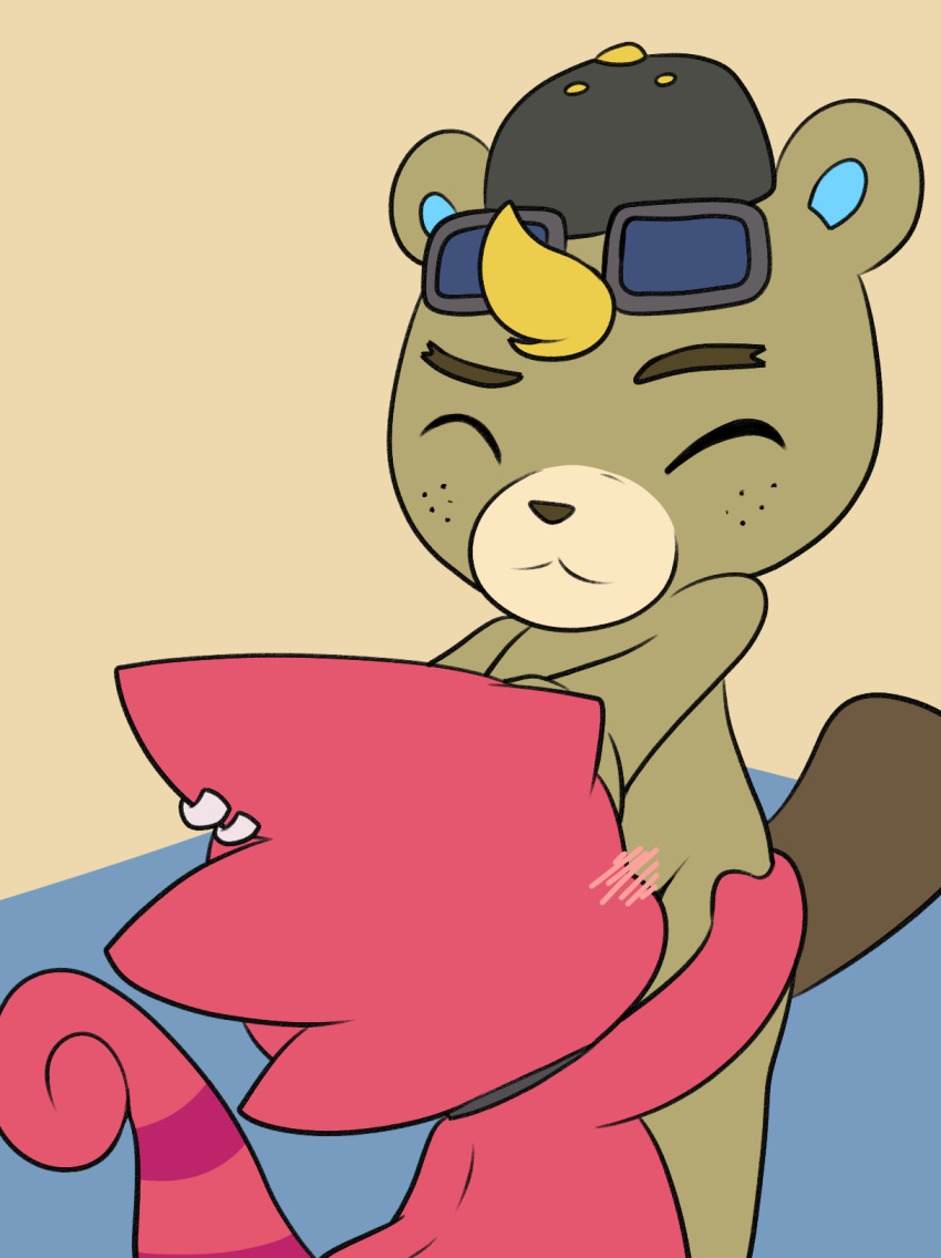 animal_crossing anthro beaver blush c.j._(animal_crossing) chameleon chibi clothing duo eyewear flick_(animal_crossing) hat headgear headwear hi_res horn lightytheyoshi lizard male male/male mammal nintendo nude oral piercing red_body red_scales reptile rodent scales scalie sex sunglasses video_games