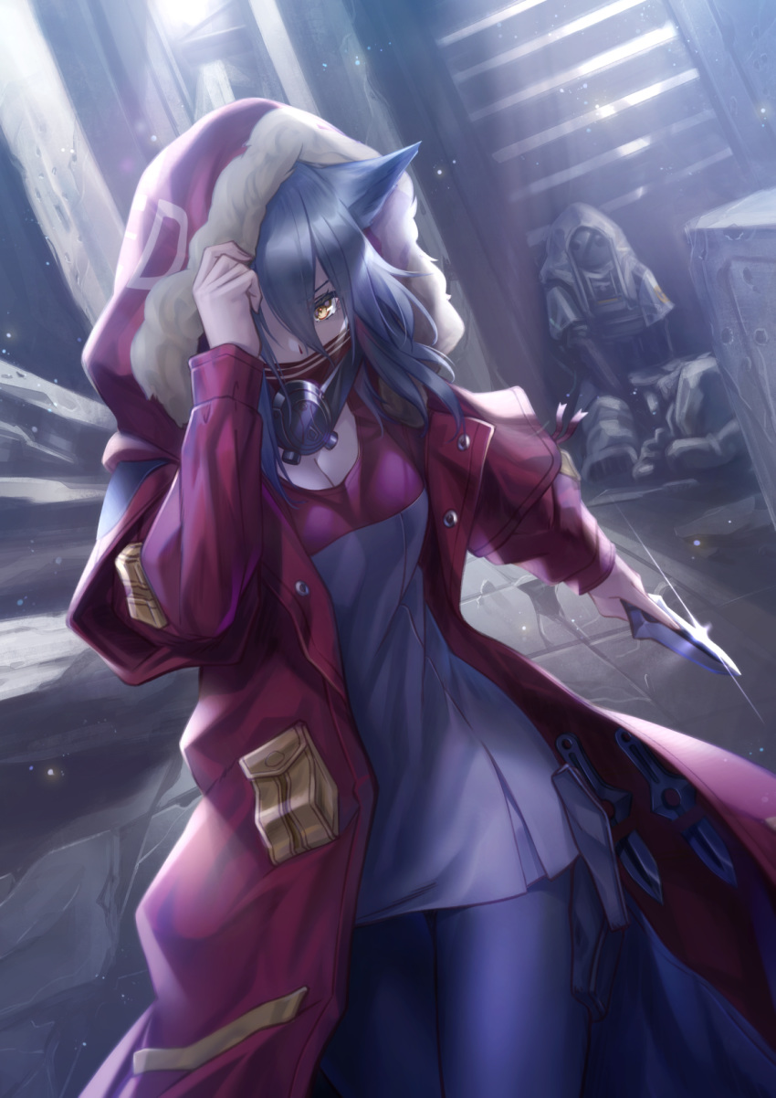 1girl 1other animal_ears arknights bangs black_legwear breasts brown_eyes cleavage commentary_request cowboy_shot dress dutch_angle fur-trimmed_jacket fur_trim glint grey_dress grey_hair hair_between_eyes hand_up highres holding holding_knife holding_weapon hood hooded_jacket jacket ken_ill knife left-handed long_hair long_sleeves looking_at_viewer pantyhose projekt_red_(arknights) red_jacket reunion_soldier_(arknights) short_dress standing weapon wolf_ears