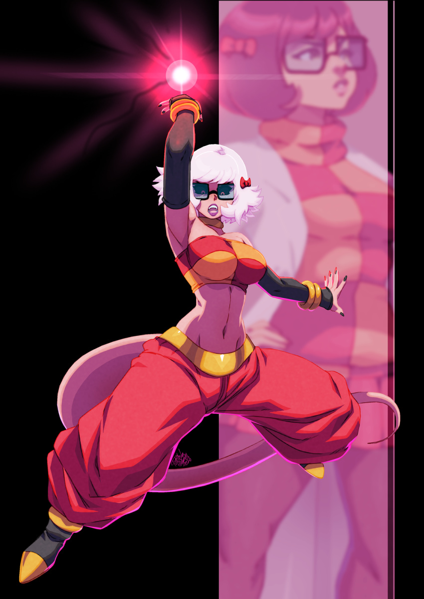 1girl android_21 arm_up armpits baggy_pants bare_shoulders black-framed_eyewear black_nails black_sclera black_sleeves breasts checkered detached_sleeves dragon_ball dragon_ball_fighterz energy_ball fusion glasses harem_pants highres impossible_clothes jewelry large_breasts long_tail majin_android_21 midriff navel neck_ring open_mouth pants pink_hair pink_skin pointy_shoes red_eyes red_pants red_ribbon ribbon scooby-doo shoes short_hair signature solo strapless tail tovio_rogers tubetop velma_dace_dinkley