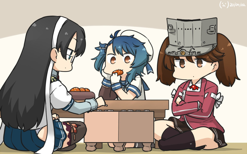 3girls :3 black_hair black_legwear blue_hair blue_neckwear blue_ribbon blue_sailor_collar board_game breasts brown_eyes brown_hair brown_legwear brown_skirt commentary_request cookie dated eating food fukae_(kantai_collection) full_body gloves gradient_hair hairband hamu_koutarou hat highres indian_style indoors japanese_clothes kantai_collection kariginu kneehighs long_hair magatama multicolored_hair multiple_girls neckerchief ooyodo_(kantai_collection) playing_games red_skirt ribbon ryuujou_(kantai_collection) sailor_collar sailor_hat school_uniform semi-rimless_eyewear serafuku short_hair short_sleeves shougi side_ponytail sidelocks single_arm_warmer sitting skirt small_breasts table thighhighs twintails under-rim_eyewear upper_body visor_cap white_gloves white_hairband white_headwear