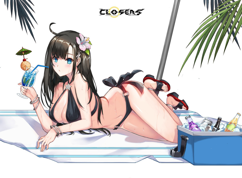 1girl ahoge bangle bare_shoulders beach_mat bikini black_bikini black_hair blue_eyes blue_hawaii bottle bracelet breasts chestnut_mouth cleavage closers cooler criss-cross_halter cup drinking_straw flower hair_flower hair_ornament hairclip halter_top halterneck hibiscus highres holding holding_cup hurricane_glass ice ice_cube jewelry large_breasts long_hair looking_at_viewer navel o-ring o-ring_bikini official_art parted_lips sandals side-tie_bikini sidelocks solo star stomach swimsuit thighs tropical_drink wet yuri_seo