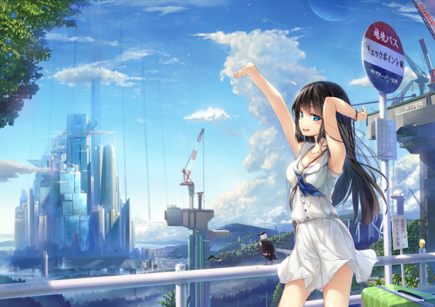 1girl armpits arms_up bare_shoulders bird black_hair blue_eyes blue_sky bracelet breasts building cloud cloudy_sky commentary_request construction day jewelry long_hair looking_at_viewer medium_breasts moon open_mouth original outdoors school_uniform seagull serafuku shirt sign skirt sky sleeveless sleeveless_shirt smile solo white_shirt white_skirt wingheart