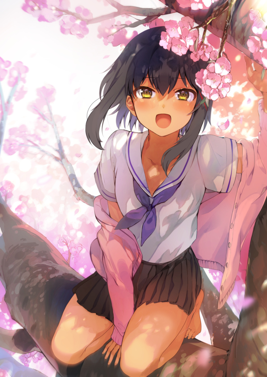 1girl barefoot black_hair black_skirt blue_neckwear blush cardigan cherry_blossoms collarbone dark_skin eyebrows_visible_through_hair highres kneeling konbu_wakame long_sleeves looking_at_viewer medium_hair neckerchief open_mouth original school_uniform short_sleeves skirt smile solo yellow_eyes