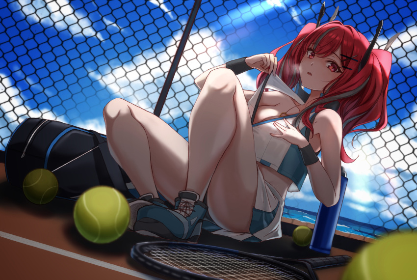 1girl absurdres azur_lane bag ball bangs bare_shoulders blue_sky bottle breasts bremerton_(azur_lane) bremerton_(scorching-hot_training)_(azur_lane) chain-link_fence chinese_commentary cleavage cloud commentary_request crop_top crop_top_overhang duffel_bag eyebrows_visible_through_hair fence green_footwear headgear heart heart_necklace highres large_breasts momu_(su) multicolored_hair open_mouth parted_lips racket red_eyes shirt shirt_pull sitting skirt sky sleeveless sleeveless_shirt sportswear streaked_hair tennis tennis_ball tennis_court tennis_racket tennis_uniform thighs two-tone_shirt two-tone_skirt two_side_up water_bottle white_skirt wristband