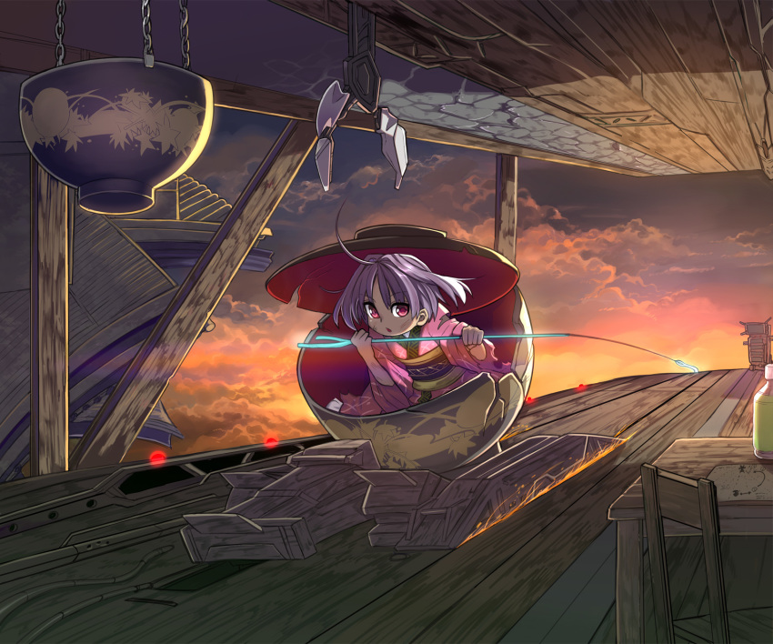 1girl ahoge bottle bowl bowl_hat catapult chain chair cloud commentary_request cracked fishing_hook hat highres in_bowl in_container map obi purple_hair red_eyes red_sky sash shope sky solo sukuna_shinmyoumaru table torn_clothes touhou