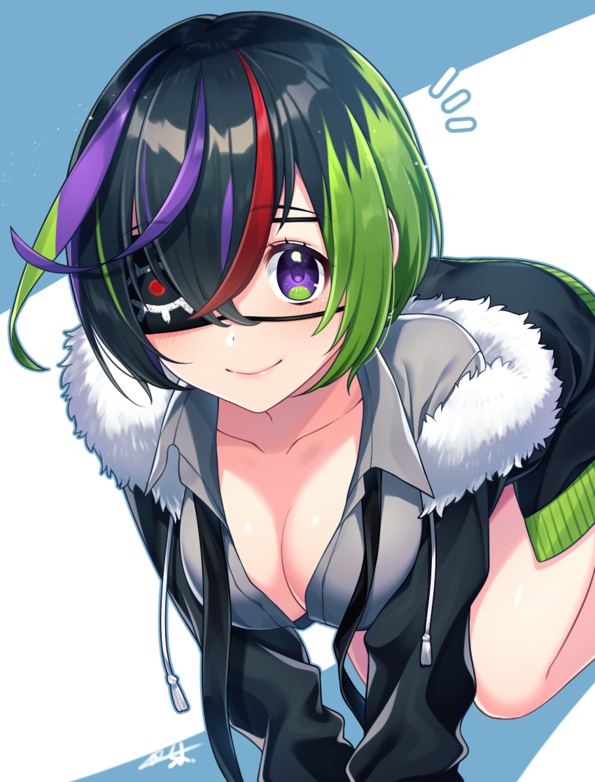 1girl all_fours black_hair blush breasts character_request cleavage closed_mouth copyright_request eyebrows_visible_through_hair eyepatch genderswap genderswap_(mtf) green_eyes green_hair highres large_breasts looking_at_viewer multicolored multicolored_eyes purple_eyes purple_hair red_hair sakura_chiyo_(konachi000) short_hair smile solo virtual_youtuber