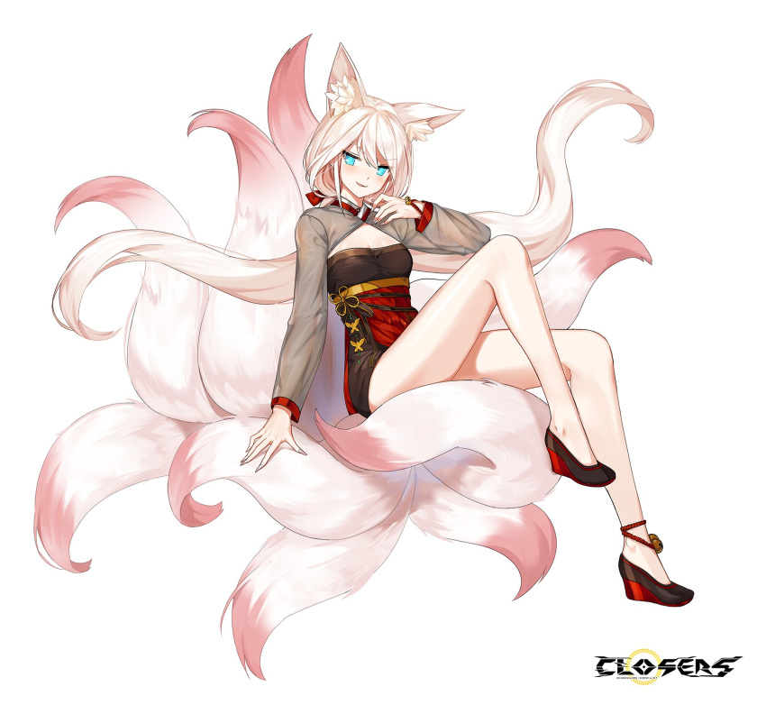 1girl animal_ear_fluff animal_ears bare_legs black_dress blue_eyes closers dress fox_ears fox_tail full_body high_heels highres knee_up kumiho long_hair long_sleeves looking_at_viewer low_twintails multiple_tails official_art see-through_sleeves seulbi_lee smile smirk solo tail thighs tongue tongue_out twintails v-shaped_eyebrows very_long_hair white_hair