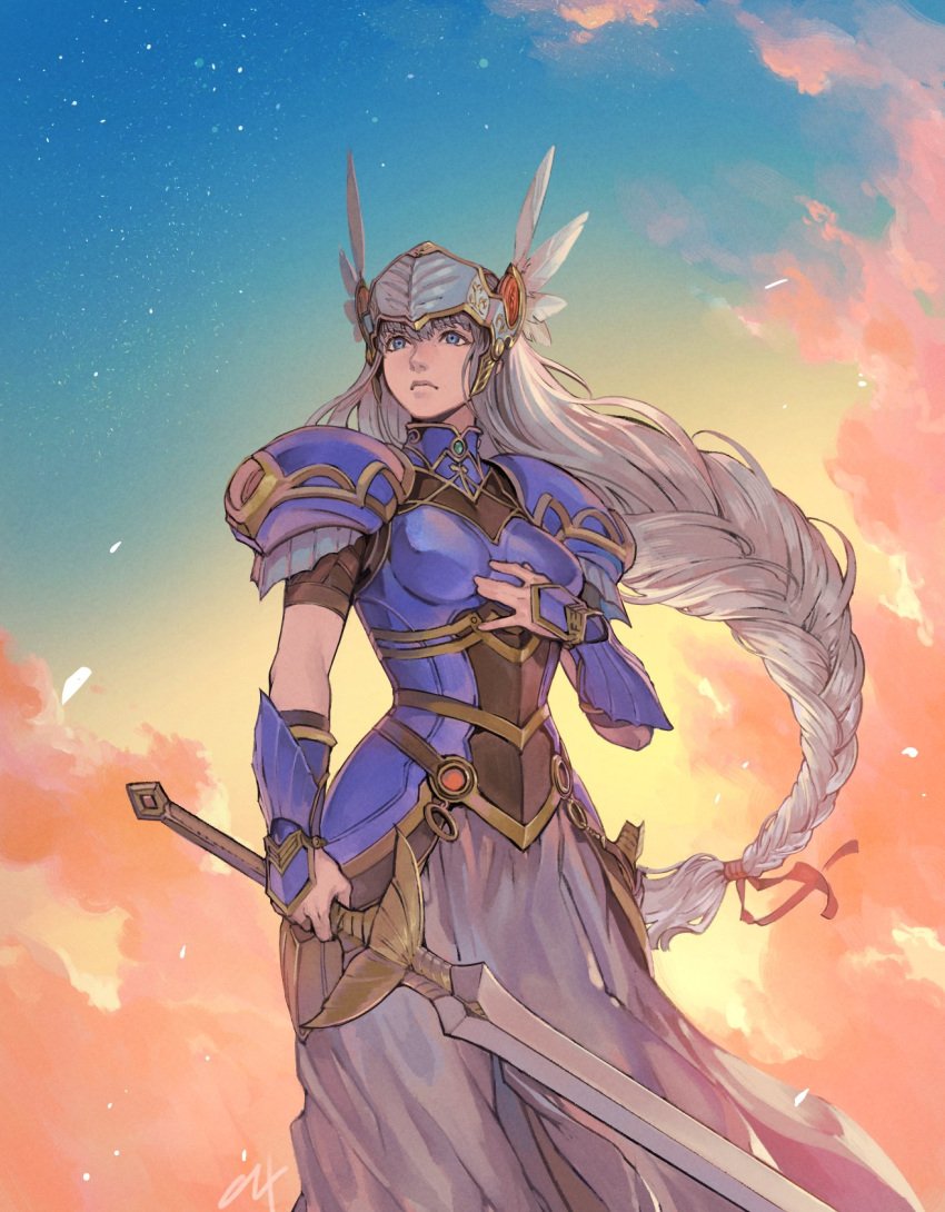 1girl armor armored_dress aureolin31 blue_armor blue_eyes blue_sky braid closed_mouth cloud cloudy_sky commentary dress feathers gauntlets gradient_sky grey_headwear hair_ribbon hand_on_own_chest helmet highres holding holding_sword holding_weapon lenneth_valkyrie long_dress long_hair orange_sky pauldrons red_ribbon ribbon silver_hair sky solo standing star_(sky) starry_sky sword valkyrie valkyrie_profile very_long_hair weapon winged_helmet