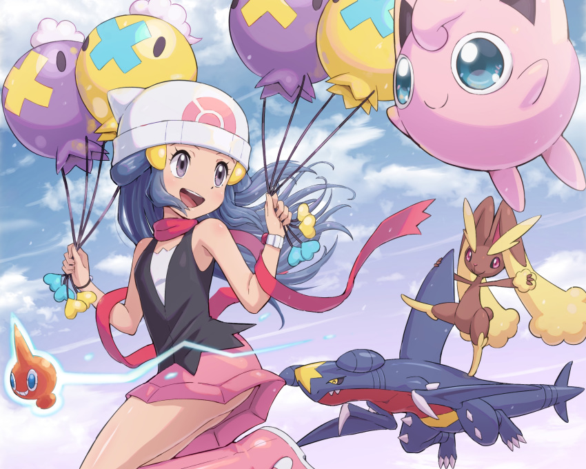 blue_hair clouds cropped drifloon garchomp hat hikari_(pokemon) jigglypuff long_hair lopunny pokemoa pokemon purple_eyes rotom scarf wristwear