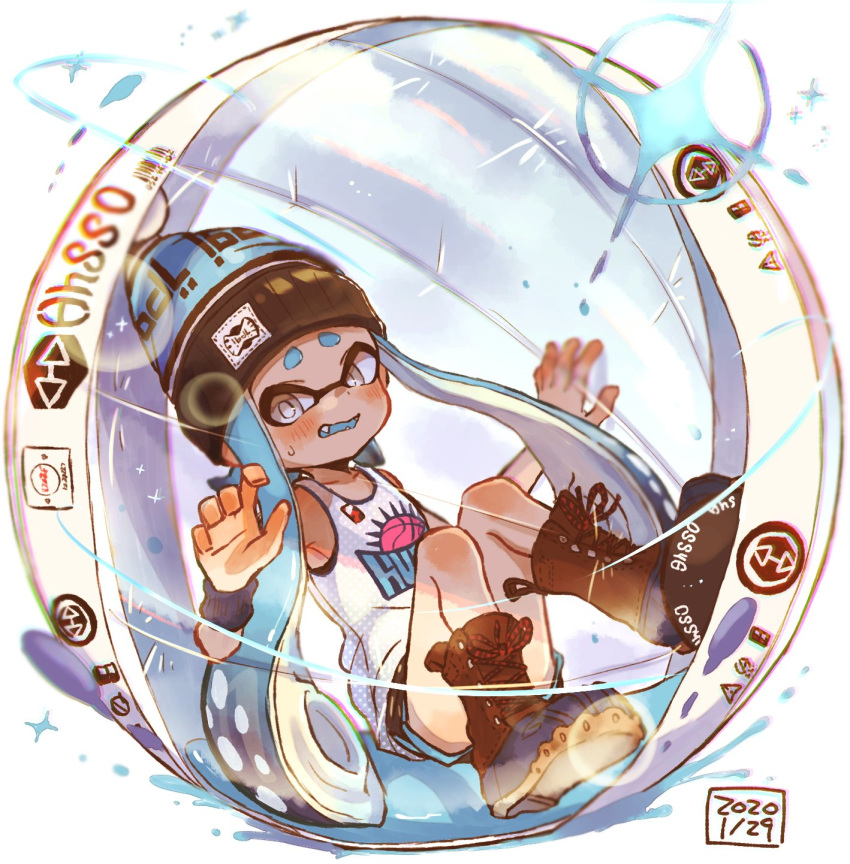 1girl baller_(splatoon) beanie black_footwear black_shorts blue_hair blue_headwear blue_tongue boots commentary cross-laced_footwear dated domino_mask fangs frown grey_eyes gym_shorts harutarou_(orion_3boshi) hat highres inkling inkling_(language) lace-up_boots logo long_hair looking_at_viewer mask no_legwear open_mouth print_shirt shirt short_shorts shorts sitting solo sparkle splatoon_(series) splatoon_2 sweatdrop tank_top tentacle_hair white_shirt wristband
