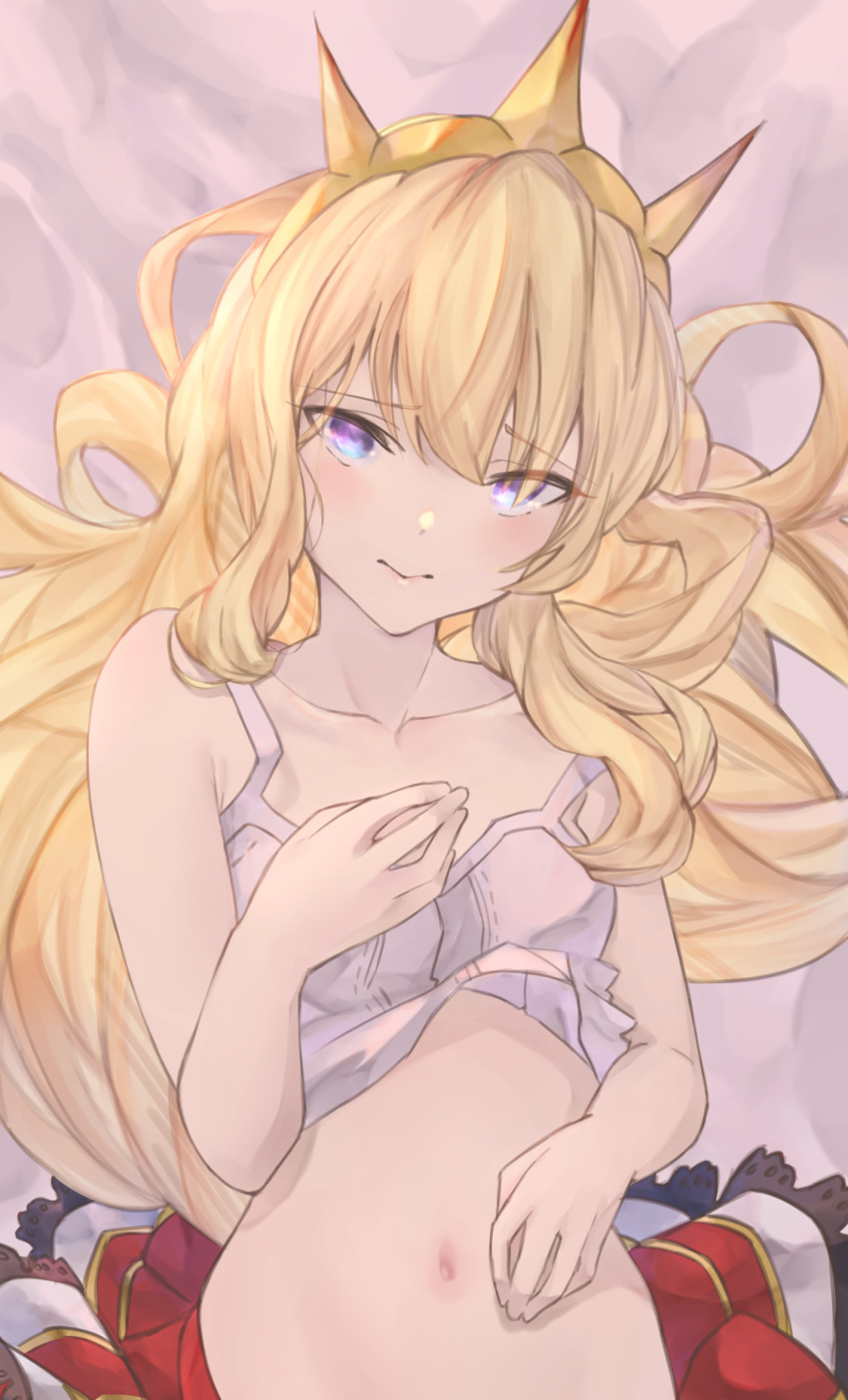 1girl bangs bare_shoulders betabeet blonde_hair blush breasts cagliostro_(granblue_fantasy) closed_mouth clothes_lift collarbone crown granblue_fantasy hand_on_own_chest highres long_hair looking_at_viewer lying navel on_back purple_eyes red_skirt skirt small_breasts solo white_camisole