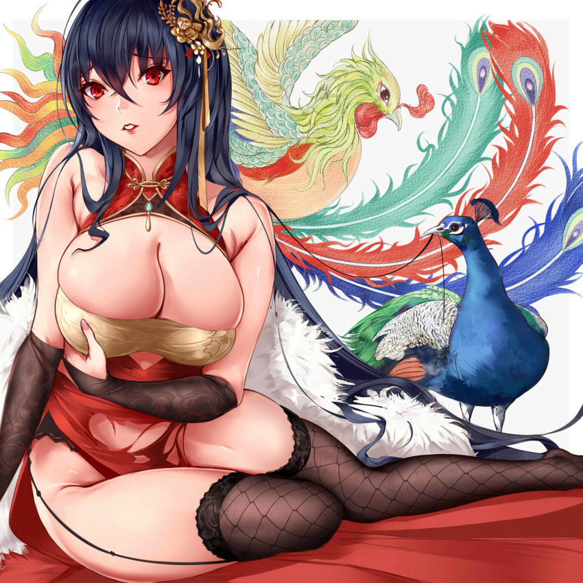 1girl azur_lane bangs bare_shoulders bird black_hair breasts bridal_gauntlets bursting_breasts china_dress chinese_clothes cleavage_cutout crossed_bangs cutout_above_navel dress fishnet_legwear fishnets hair_ornament highres huge_breasts instrument long_hair looking_at_viewer mandolin no_panties peacock peacock_feathers pelvic_curtain red_dress red_eyes sleeveless sleeveless_dress solo taihou_(azur_lane) taihou_(phoenix's_spring_song)_(azur_lane) tonyxx50 very_long_hair