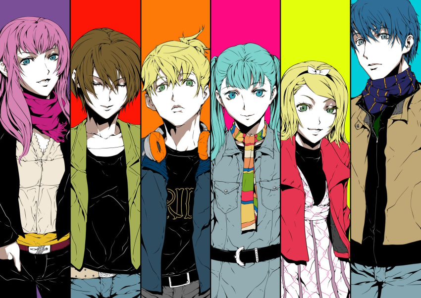 2boys 4girls aqua_eyes aqua_hair belt blonde_hair blue_hair bow brown_hair buckle closed_eyes dress green_eyes hatsune_miku headphones highres jacket kagamine_len kagamine_rin kaito looking_at_viewer megurine_luka meiko multiple_boys multiple_girls nagimiso open_eyes pants pink_hair scarf shirt simple_background smile t-shirt vocaloid