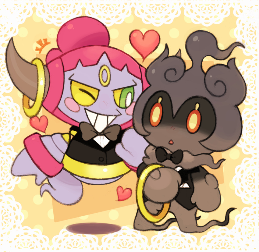 blush_stickers brown_eyes commentary creature english_commentary eye_contact floating full_body gen_6_pokemon gen_7_pokemon green_eyes grin heart highres hoopa hoopa_(confined) horns krystal_fleming looking_at_another marshadow marshadow_(gloom) no_humans pokemon pokemon_(creature) smile yellow_background