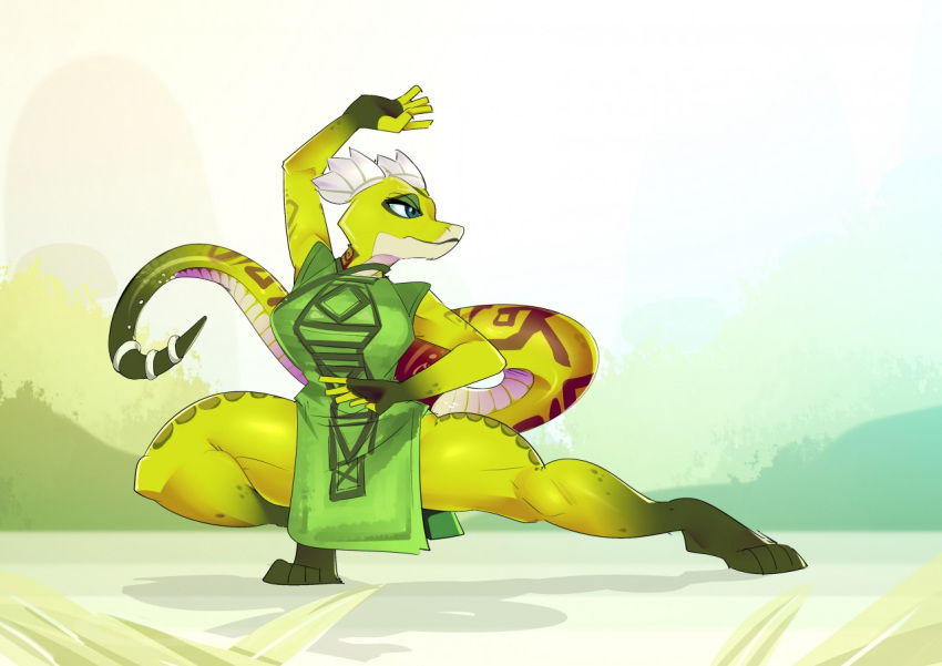 anthro arm_over_head clothed clothing dreamworks female fully_clothed kung_fu_panda martial_arts_uniform master_viper pose reptile scalie snake solo sportswear tail_ring thick_thighs viper zinnick