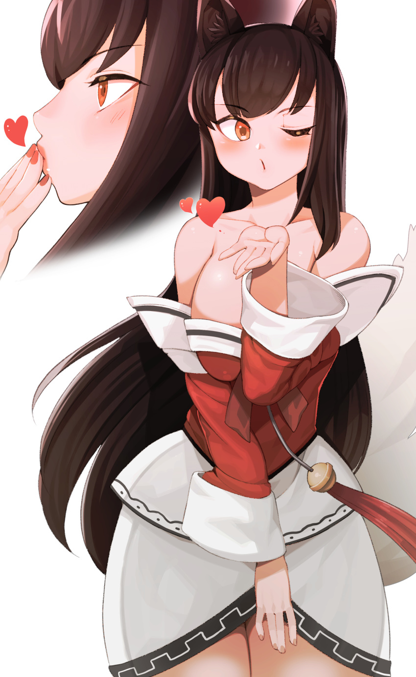 0.8 1girl ;o absurdres ahri animal_ears bare_shoulders blush breasts brown_hair collarbone detached_sleeves eyebrows_visible_through_hair facial_mark fox_ears fox_tail heart highres kiss korean_clothes large_breasts league_of_legends long_hair looking_at_viewer nail_polish one_eye_closed simple_background solo tail whisker_markings white_background