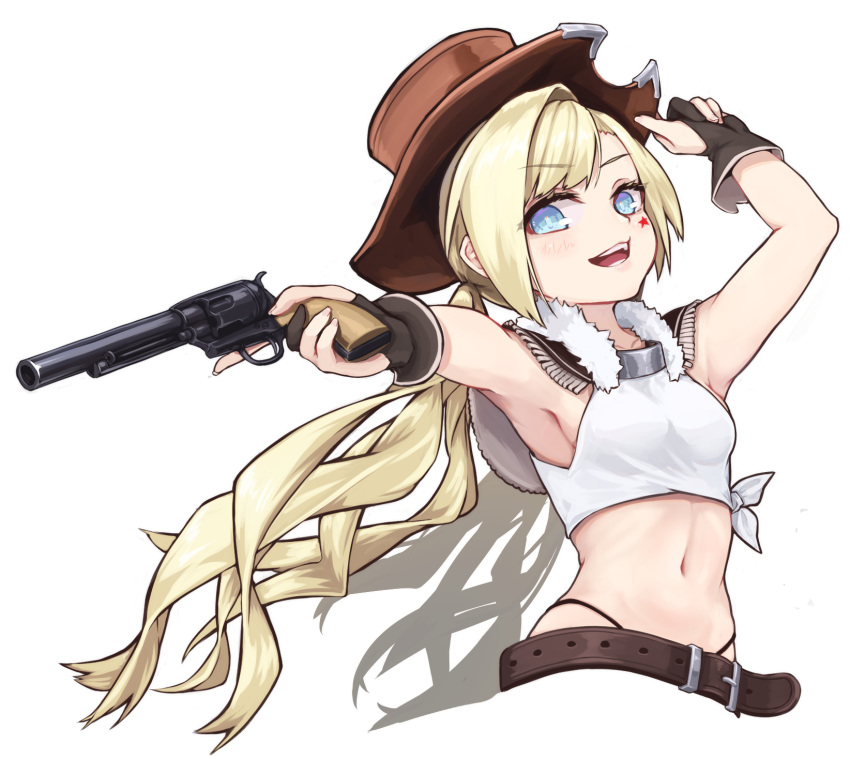 1girl bangs belt black_panties blonde_hair blue_eyes blush breasts brown_belt brown_gloves colt_m1873_(girls_frontline) colt_saa cowboy_hat cropped_torso eyebrows_visible_through_hair facial_mark fringe_trim fur_collar girls_frontline gloves gun handgun hat highleg highleg_panties highres holding holding_gun holding_weapon long_hair mari0ball midriff navel open_mouth panties partly_fingerless_gloves pistol revolver shadow shirt simple_background small_breasts solo star tied_shirt twintails underwear weapon white_background