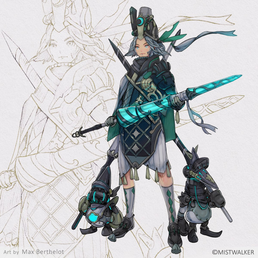 1boy 1other armor blue_eyes gauntlets gloves glowing grey_gloves grey_hair helmet highres holding holding_lance holding_weapon lance makushiro over_shoulder pauldrons polearm sketch standing terra_battle weapon weapon_on_back weapon_over_shoulder