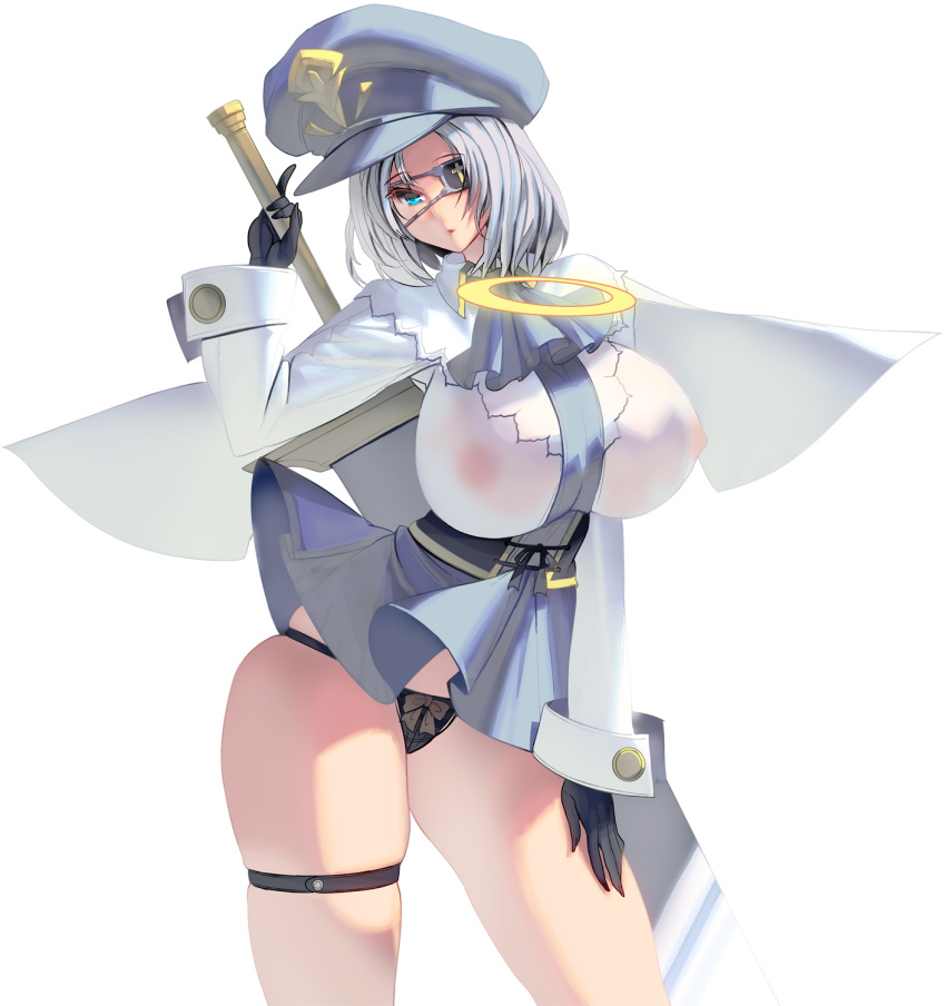 1girl black_gloves black_panties blue_eyes breasts eyebrows_visible_through_hair eyepatch gloves grey_hair halo hat highres holding holding_sword holding_weapon large_breasts looking_at_viewer masao original panties pantyshot peaked_cap short_hair solo sword thigh_strap underwear weapon white_background wings