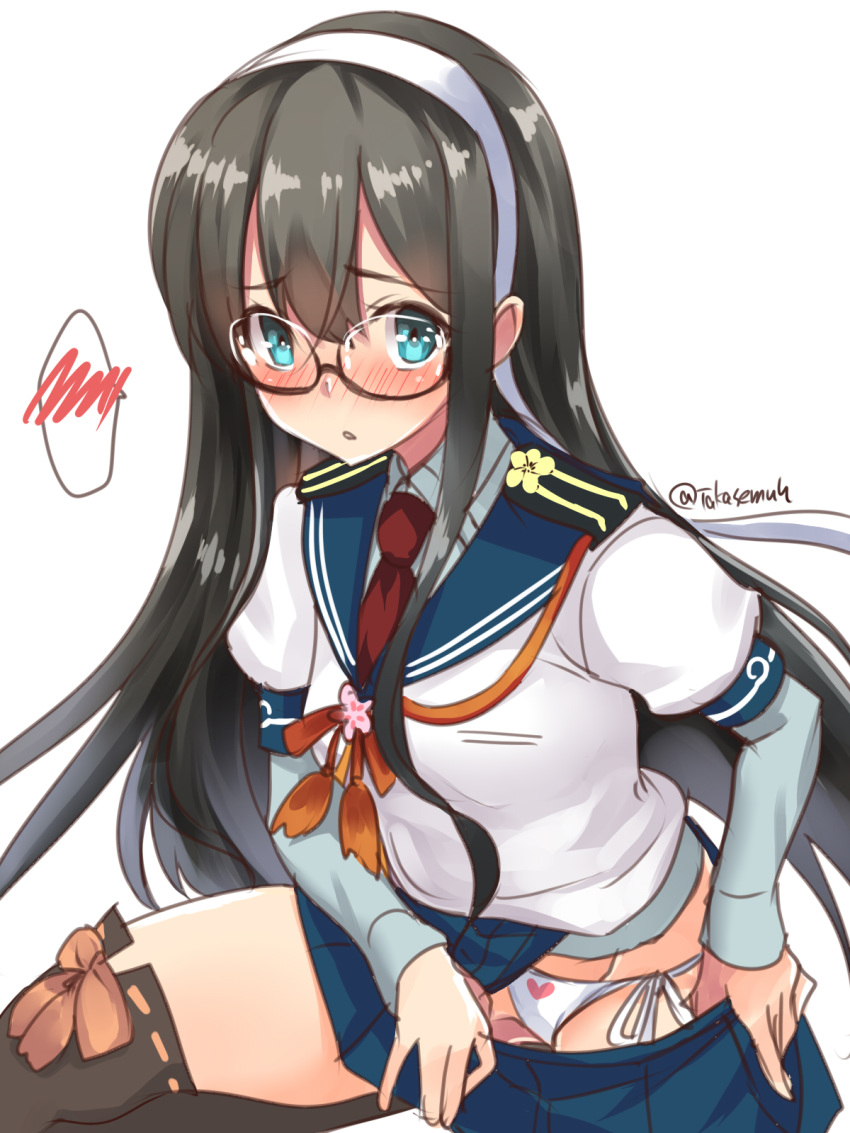 1girl bikini bikini_under_clothes black_hair blue_eyes blue_sailor_collar blue_skirt blush brown_legwear commentary_request cowboy_shot epaulettes glasses hairband highres kantai_collection long_hair looking_at_viewer necktie nose_blush ooyodo_(kantai_collection) pleated_skirt red_neckwear sailor_collar school_uniform semi-rimless_eyewear serafuku side-tie_bikini simple_background skirt solo spoken_blush swimsuit swimsuit_under_clothes takase_muu thighhighs under-rim_eyewear undressing white_background white_bikini