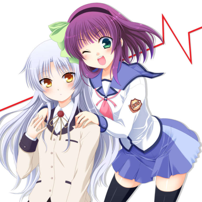 2girls angel_beats! black_legwear blazer blue_sailor_collar blue_skirt bow cowboy_shot green_eyes hair_bow hairband ikeda_jun_(aquaqua) jacket long_hair look-alike looking_at_viewer multiple_girls neckerchief one_eye_closed open_mouth pink_neckwear pleated_skirt purple_hair round_teeth sailor_collar school_uniform serafuku shinda_sekai_sensen_uniform short_hair silver_hair skirt smile standing teeth tenshi_(angel_beats!) upper_body upper_teeth white_background yellow_eyes yuri_(angel_beats!)