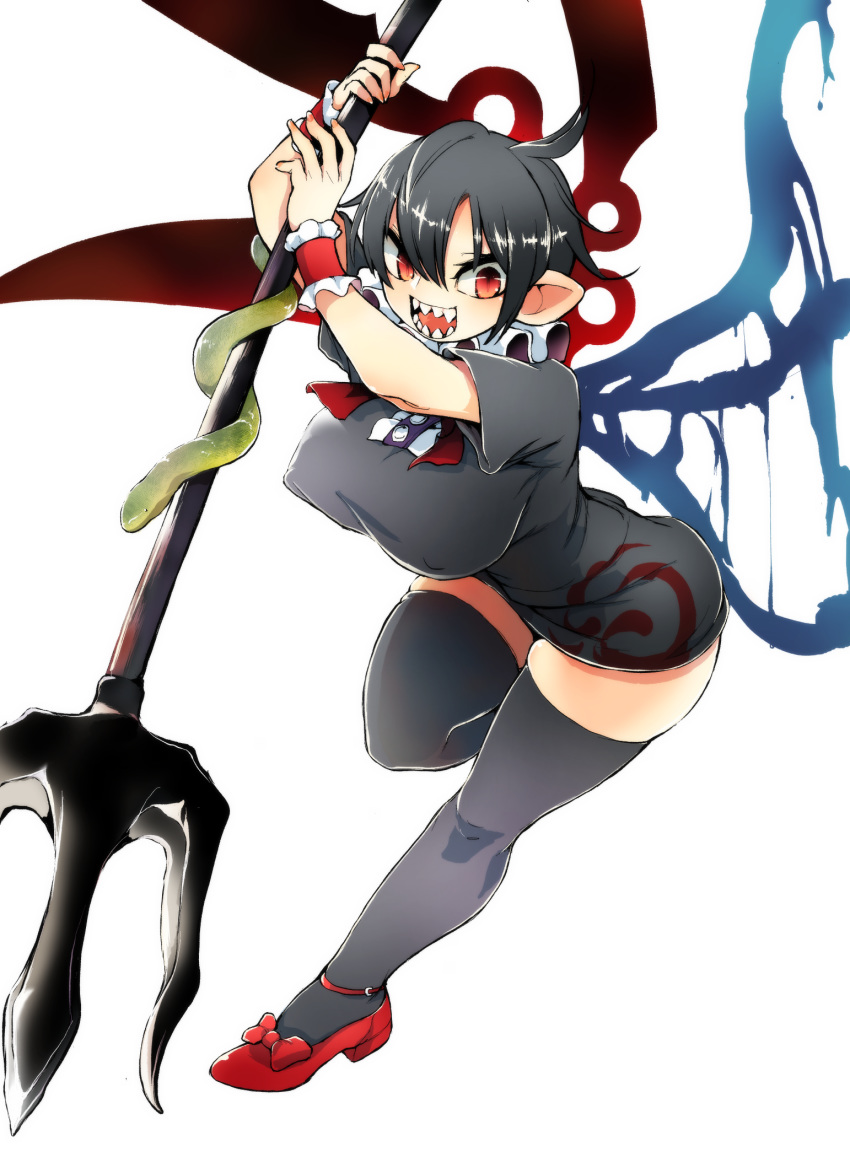 1girl alternate_breast_size arms_up asymmetrical_wings bangs bare_arms black_dress black_hair black_legwear blue_wings bow breasts center_frills covered_nipples dress full_body highres holding holding_weapon houjuu_nue large_breasts looking_at_viewer mary_janes neck_ruff open_mouth parted_bangs pointy_ears polearm red_bow red_eyes red_footwear red_wings sayakata_katsumi sharp_teeth shoe_bow shoes short_dress short_hair short_sleeves skindentation slit_pupils smile snake solo teeth thighhighs touhou trident weapon wings wristband zettai_ryouiki