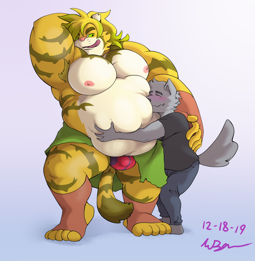 absurd_res anthro armpit_hair belly big_belly body_hair bulge cuddling duo felid hair hi_res housamo hug hyper hyper_belly licking licking_lips long_hair macan_(character) magan male male/male male_pred mammal muscular native_voyage nipples pantherine pecs predator/prey tiger tokyo_afterschool_summoners tongue tongue_out video_games vore voyagersscrapbook