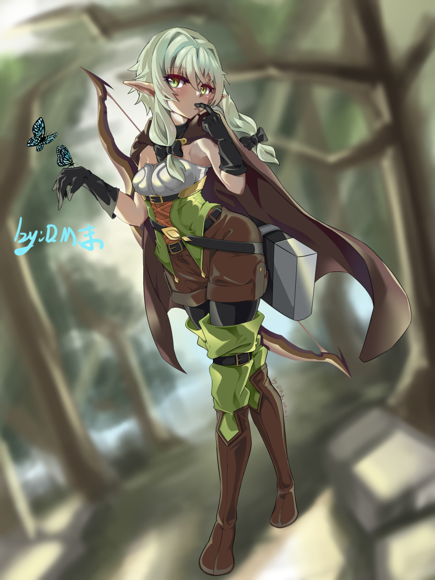 absurd_res accessory boots bottomwear bow breasts clothing dm_mo elf female footwear goblin_slayer green_eyes green_hair hair hair_accessory hair_bow hair_ribbon hi_res high_elf_archer humanoid humanoid_pointy_ears leggings legwear long_legs platinum_blonde ranged_weapon ribbons shorts small_breasts solo thigh_boots thigh_highs weapon wide_hips